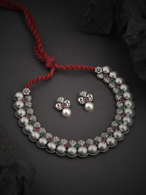 Metal Pearl Design With Red Green Beads Embeded Necklace With Earrings