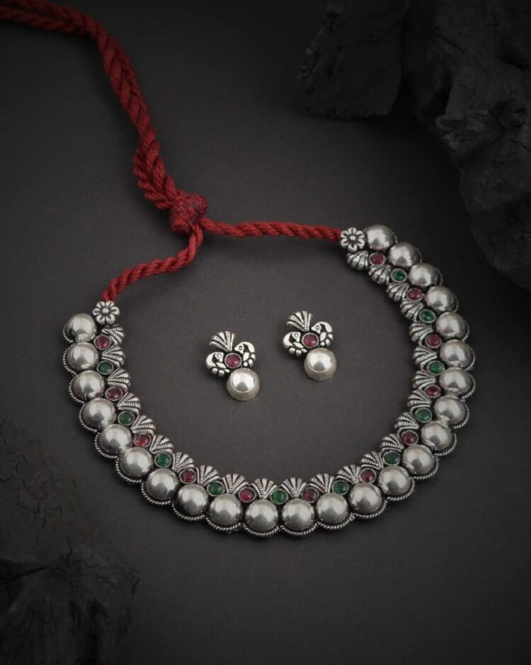 Metal Pearl Design With Red Green Beads Embeded Necklace With Earrings