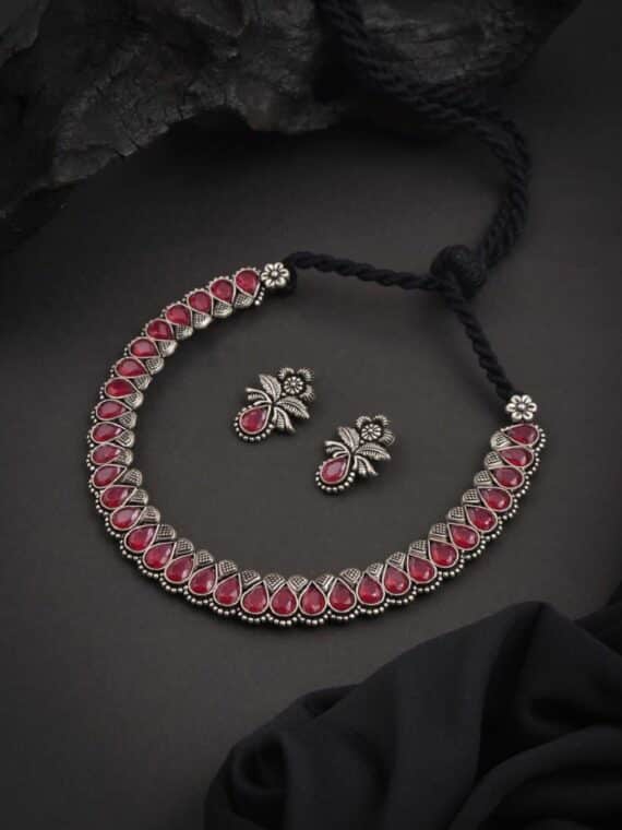 Red Stone Embeded Necklace With Earrings For All Occassions