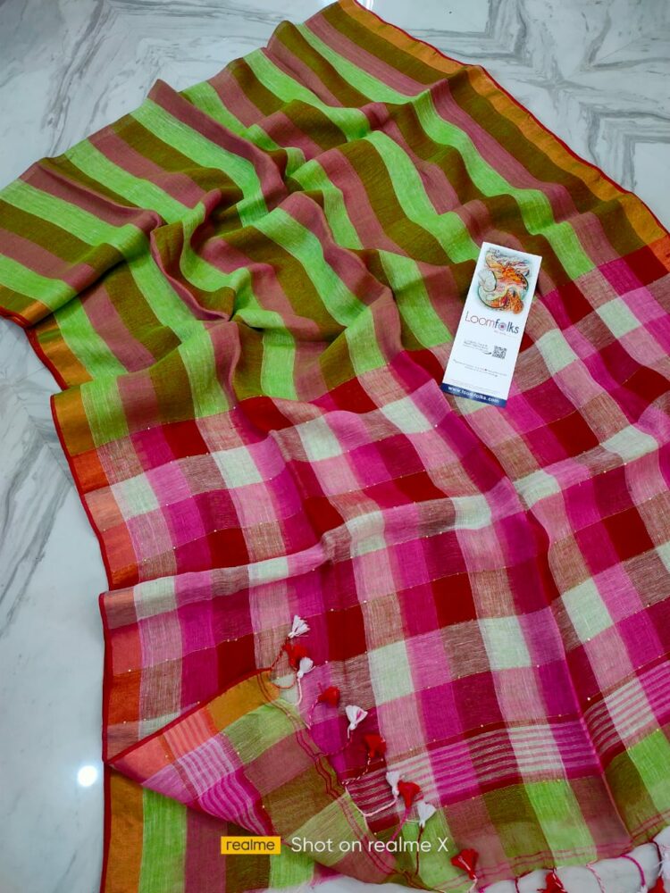 Alluring Green Pink Blend Stripe Design Handwoven Linen Saree