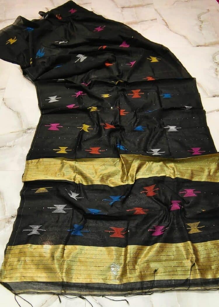 Black Golden Blend Cotton Silk Handloom Saree With Sequins Woven