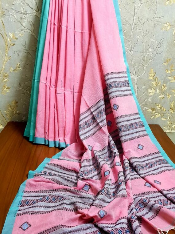 Compassionate Pink Blue Blend Handwoven Cotton Saree With Intricate Design Pallu