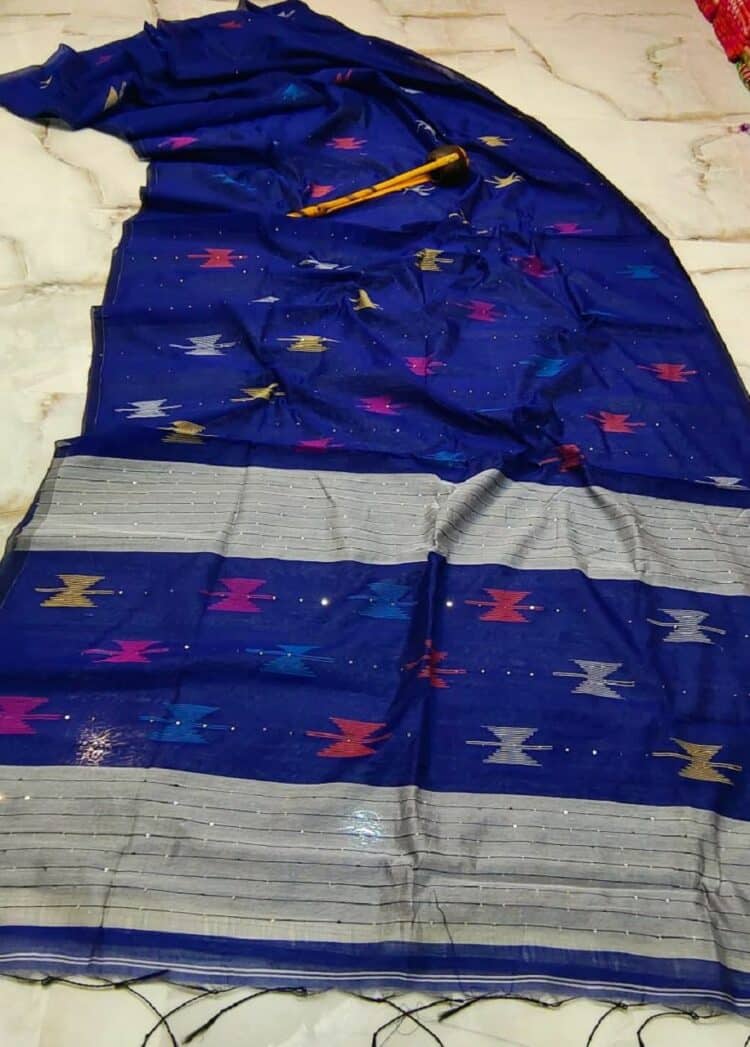 Dark Blue Cotton Silk Handloom Saree With Sequins Woven