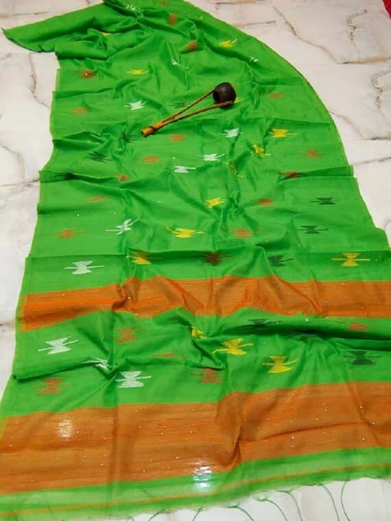 Gorgeous Green Cotton Silk Handloom Saree With Sequins Woven