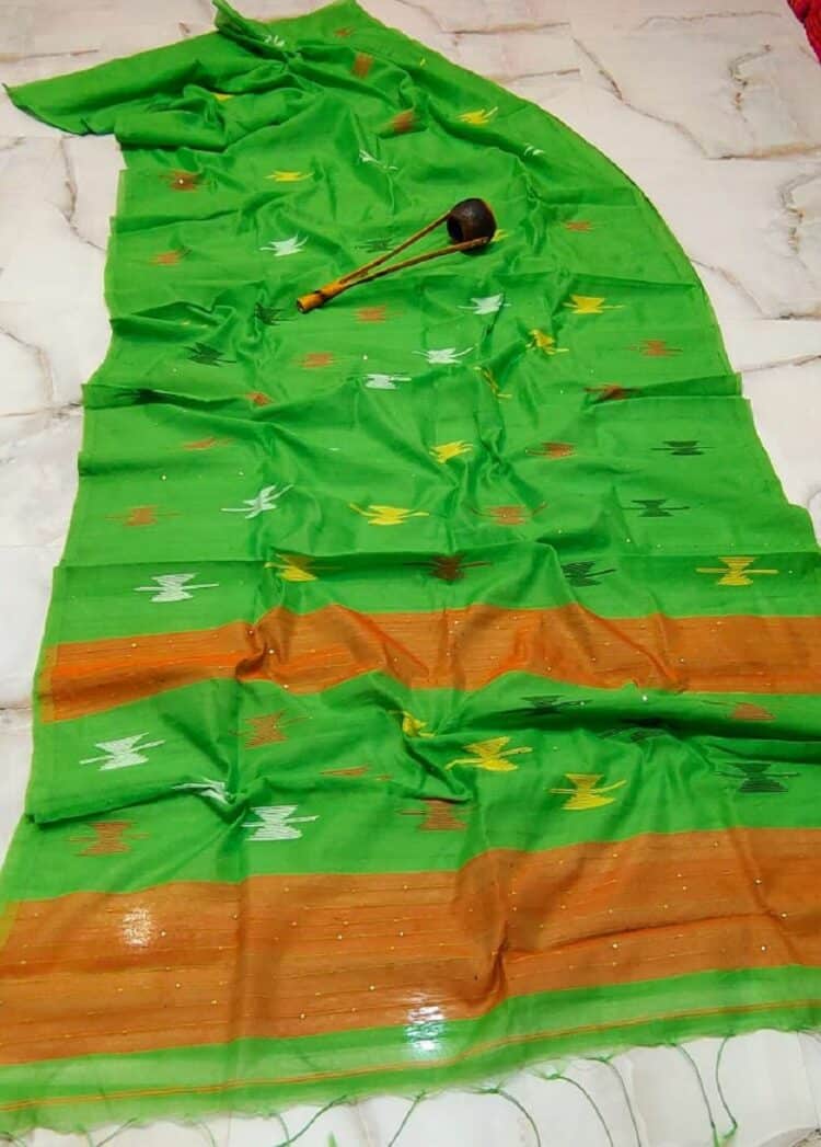 Gorgeous Green Cotton Silk Handloom Saree With Sequins Woven