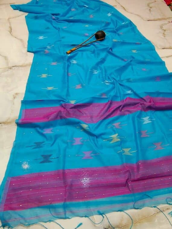 Light Blue Cotton Silk Handloom Saree With Sequins Woven