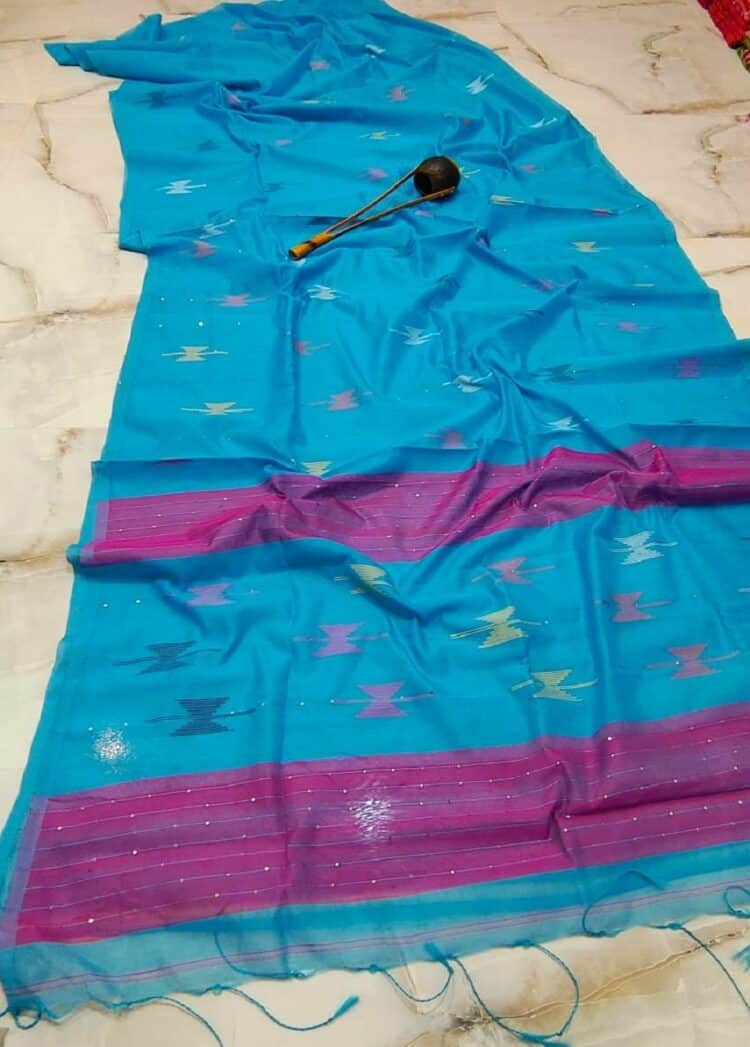 Light Blue Cotton Silk Handloom Saree With Sequins Woven