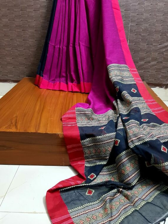 Pleasing Purple Blue Blend Handwoven Cotton Saree With Intricate Design Pallu