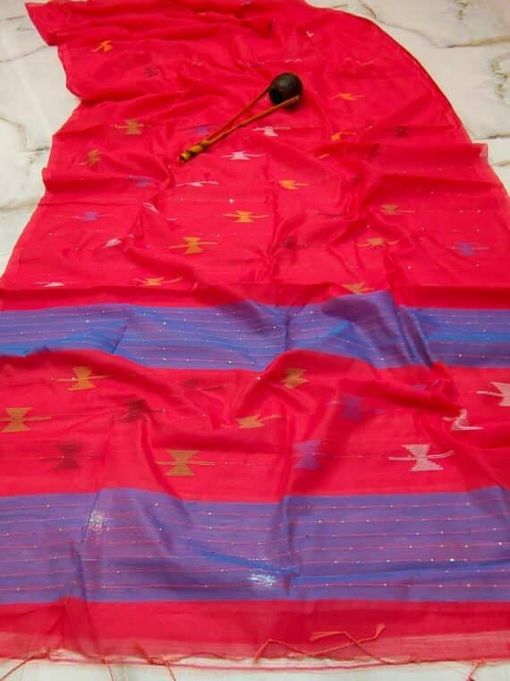 Red Voilet Blend Cotton Silk Handloom Saree With Sequins Woven