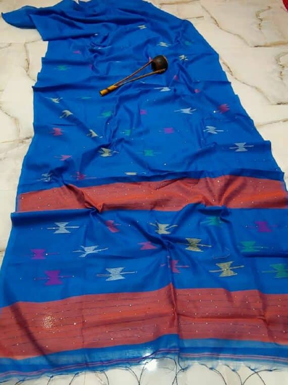 Royal Blue Cotton Silk Handloom Saree With Sequins Woven