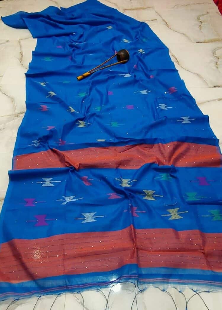 Royal Blue Cotton Silk Handloom Saree With Sequins Woven