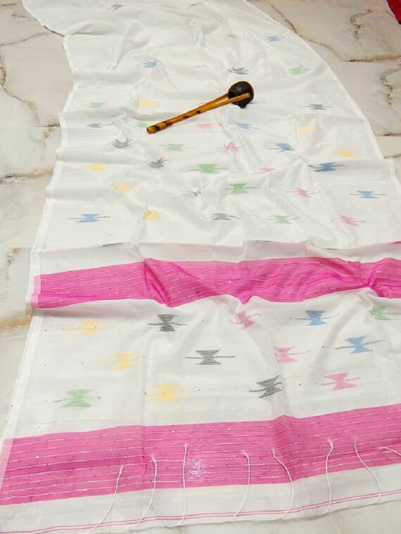 Snowy White Cotton Silk Handloom Saree With Sequins Woven