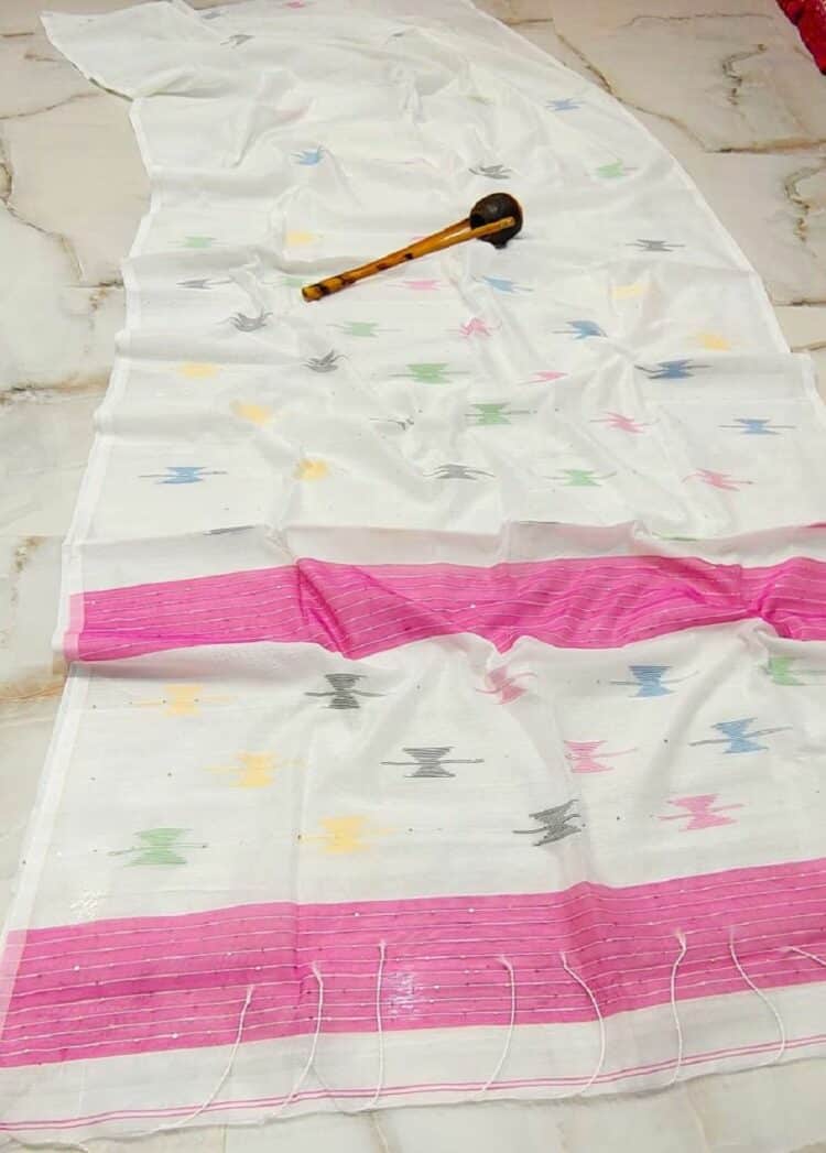 Snowy White Cotton Silk Handloom Saree With Sequins Woven