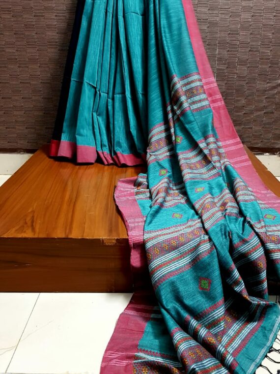 Strong Teal Blue Handwoven Cotton Saree With Intricate Design Pallu