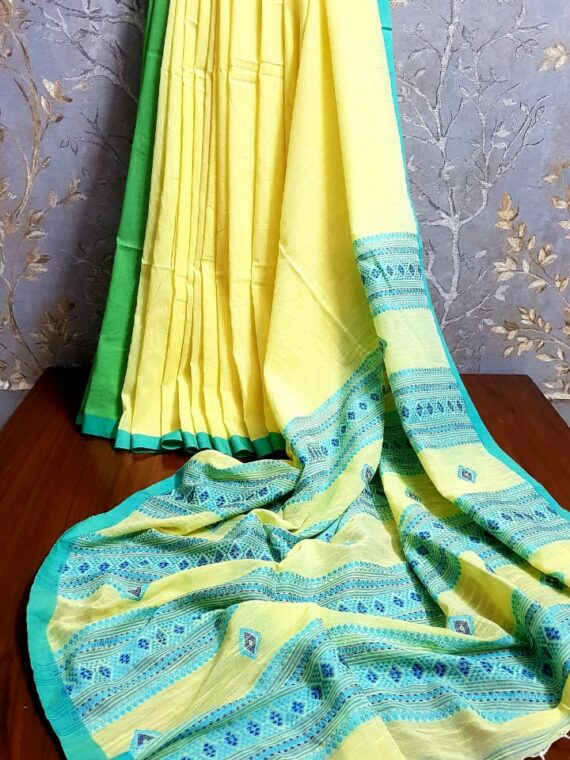 Tender Yellow Blue Blend Handwoven Cotton Saree With Intricate Design Pallu