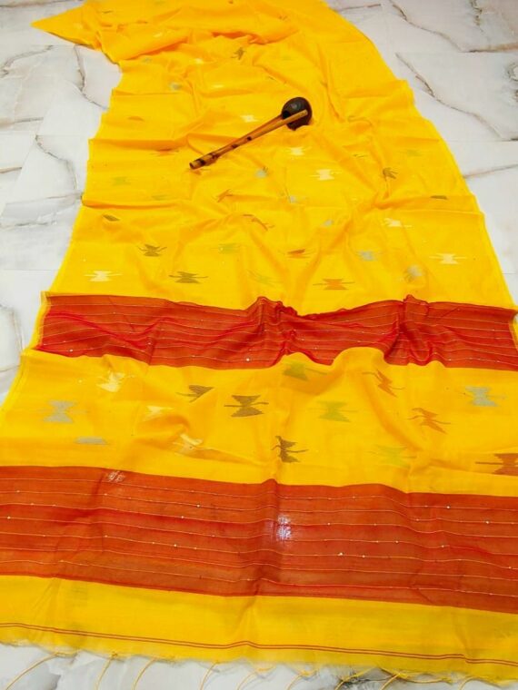 Turmeric Yellow Cotton Silk Handloom Saree With Sequins Woven