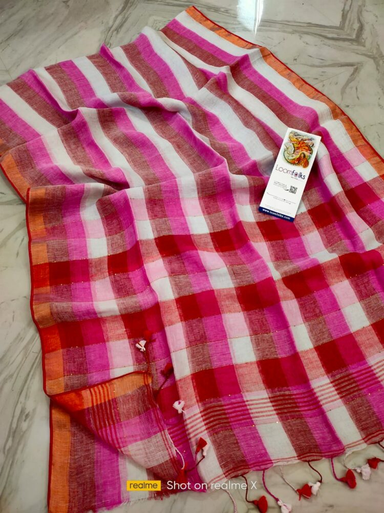 Unique Pink White Brown Blend Stripe Design Handwoven Linen Saree