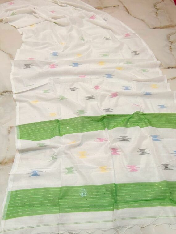 White Green Blend Cotton Silk Handloom Saree With Sequins Woven