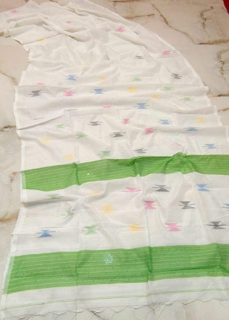 White Green Blend Cotton Silk Handloom Saree With Sequins Woven