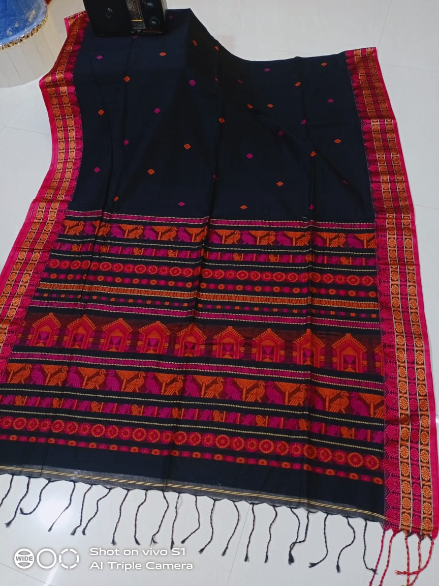 Attractive Black Red Cotton Saree With Artistic Bird Temple Door Weave