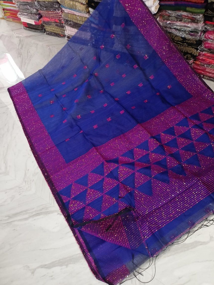 Awesome Blue Pink Temple Pattern Sequins Woven Cotton Silk Party Wear Saree