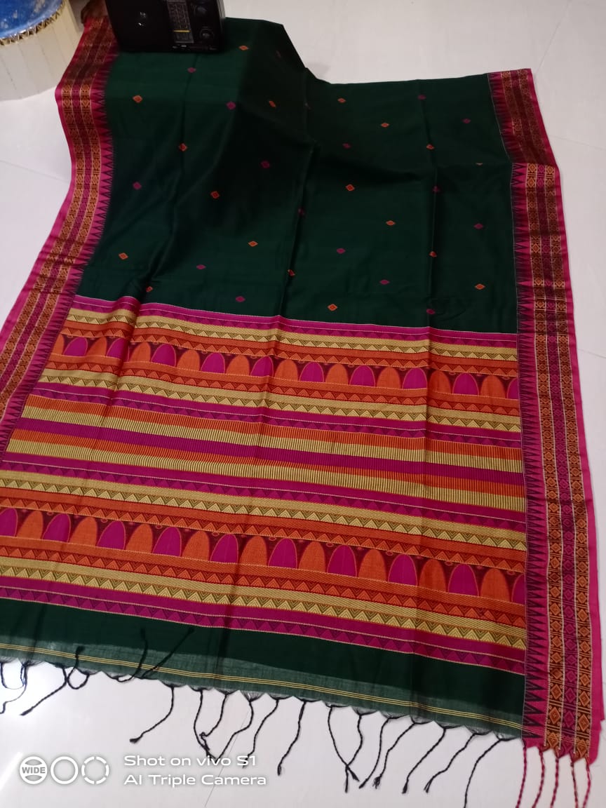 Beautiful Bottle Green Cotton Saree With Pink Orange Thread Intricate Weave In Pallu