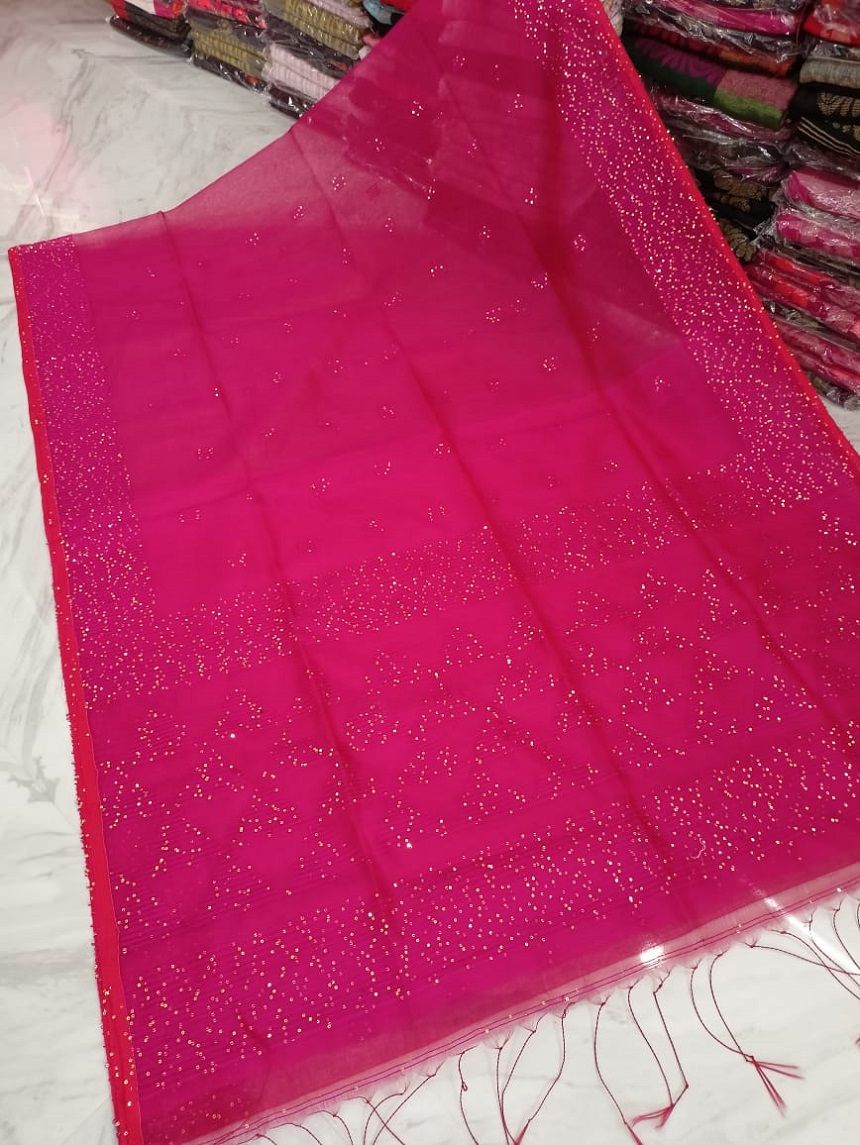 Beautiful Pink Temple Pattern Sequins Woven Cotton Silk Party Wear Saree