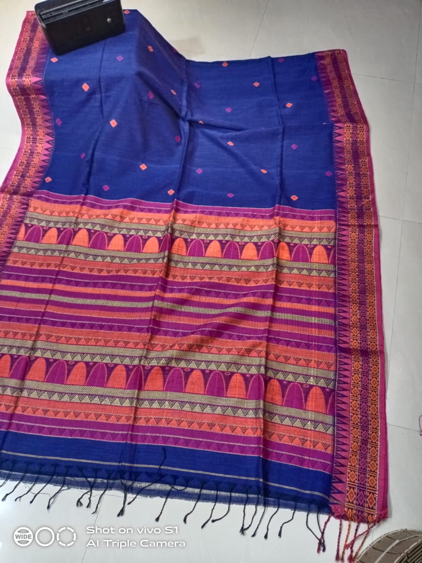 Brilliant Blue Cotton Saree With Pink Orange Thread Intricate Weave In Pallu