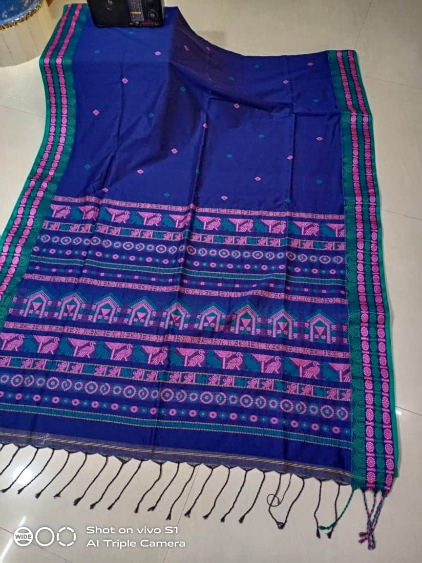 Elegant Blue Pink Cotton Saree With Artistic Bird Temple Door Weave