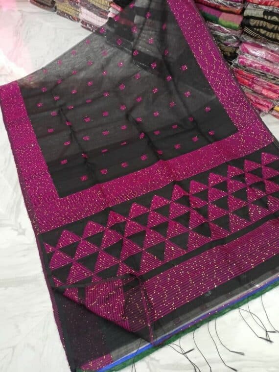Gorgeous Black Pink Temple Pattern Sequins Woven Cotton Silk Party Wear Saree