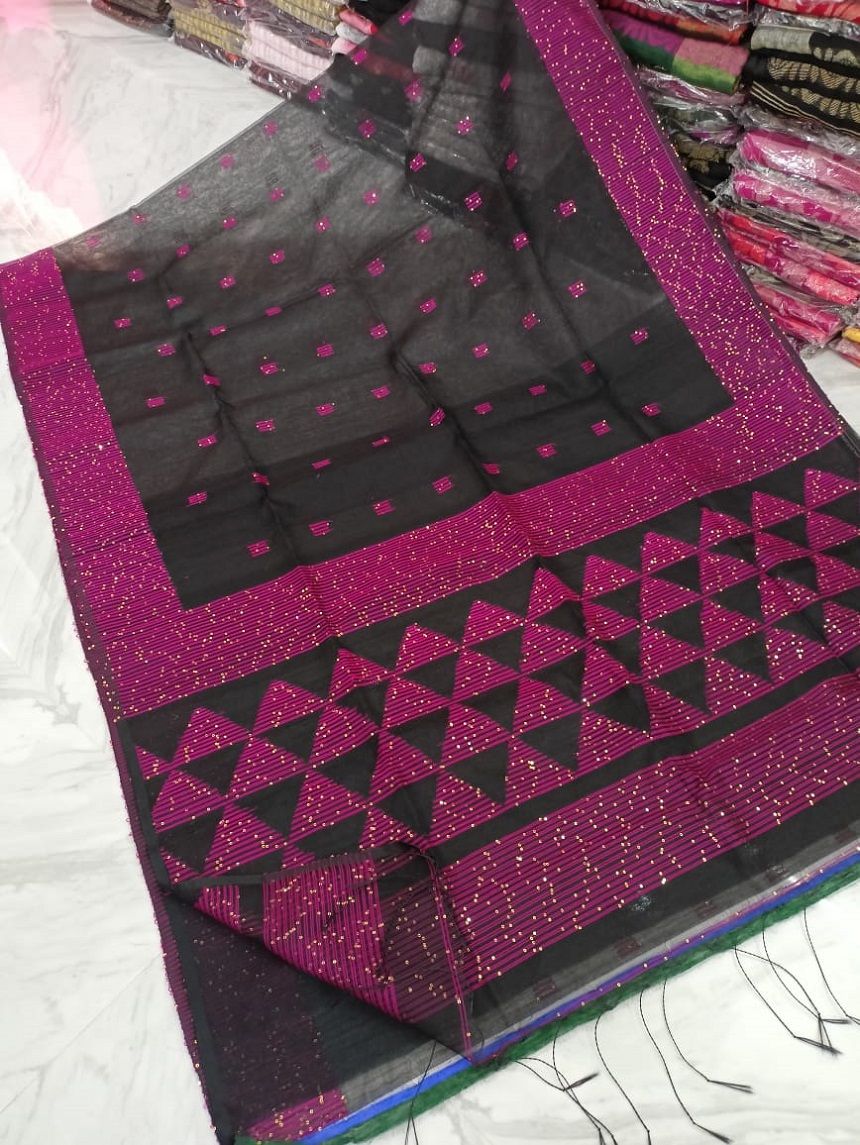 Gorgeous Black Pink Temple Pattern Sequins Woven Cotton Silk Party Wear Saree