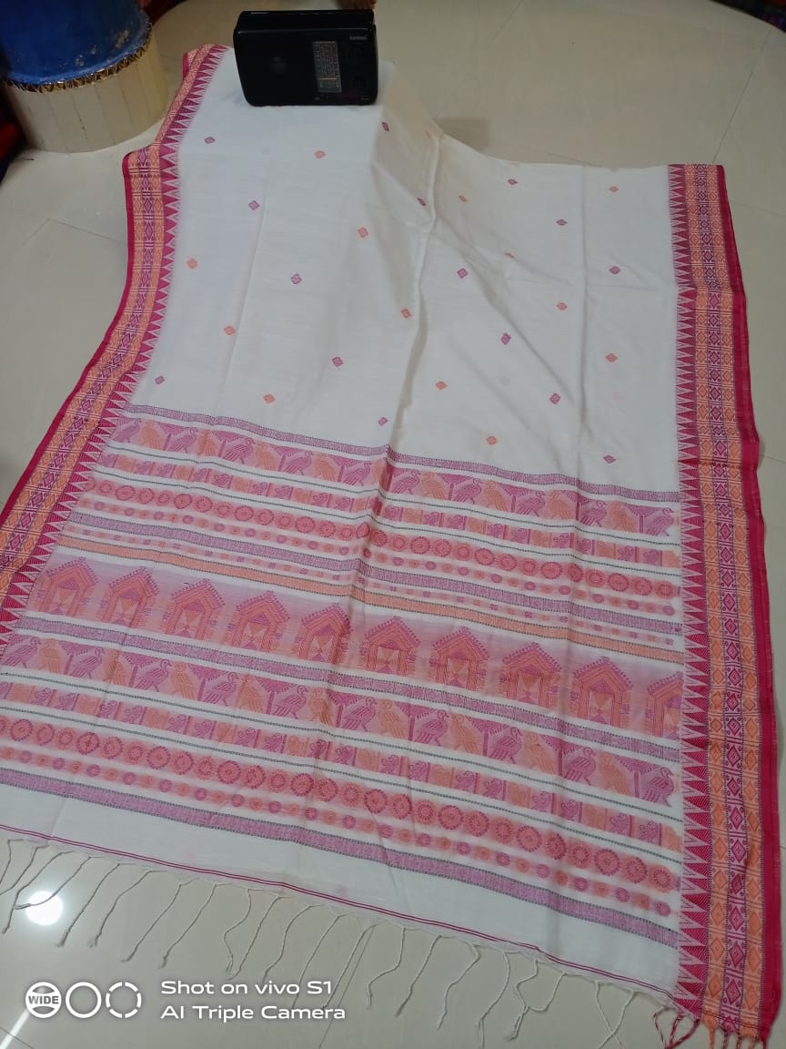 Gorgeous White Red Cotton Saree With Artistic Bird Temple Door Weave