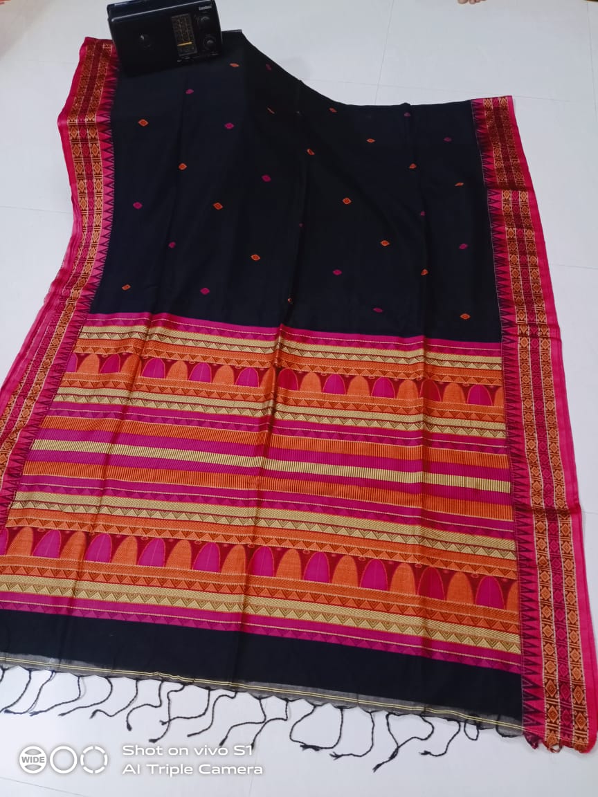 Graceful Black Cotton Saree With Pink Orange Thread Intricate Weave In Pallu