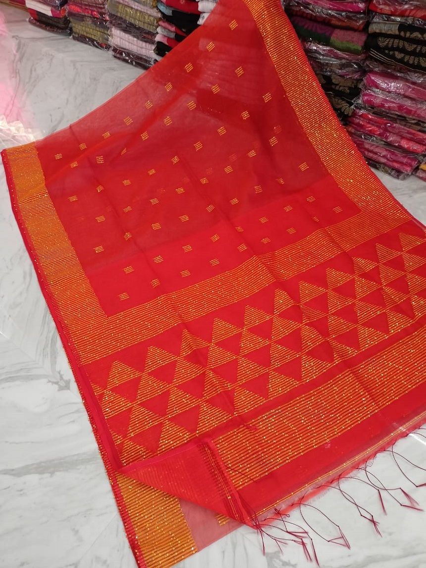 Gracious Red Golden Temple Pattern Sequins Woven Cotton Silk Party Wear Saree