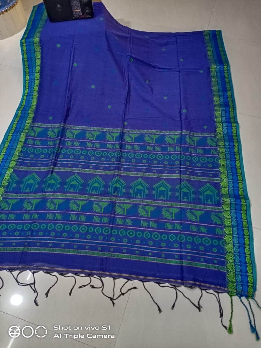 Mesmerizing Blue Green Cotton Saree With Artistic Bird Temple Door Weave