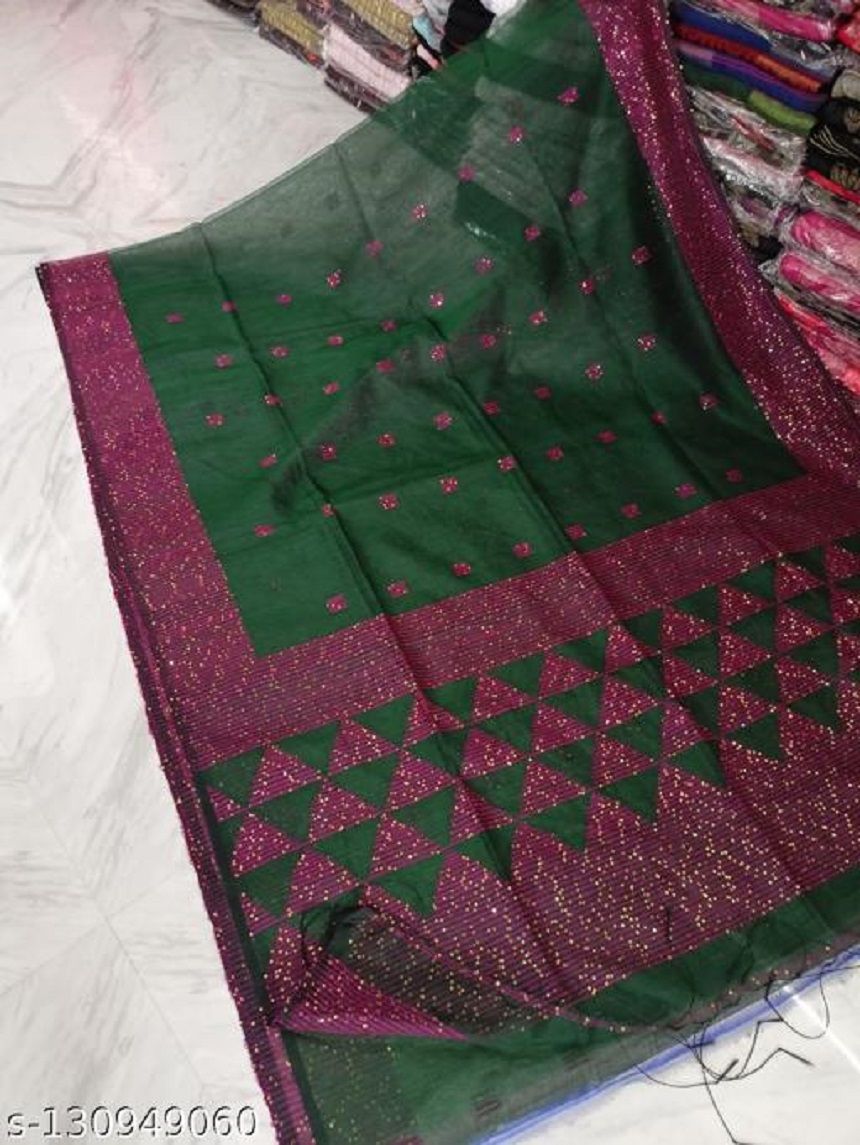 Pretty Green Pink Temple Pattern Sequins Woven Cotton Silk Party Wear Saree