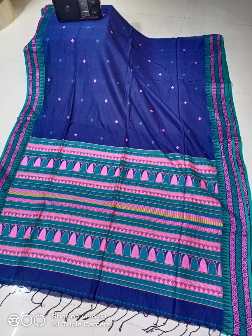 Ravishing Blue Cotton Saree With Ocean Blue Light Pink Thread Intricate Weave In Pallu