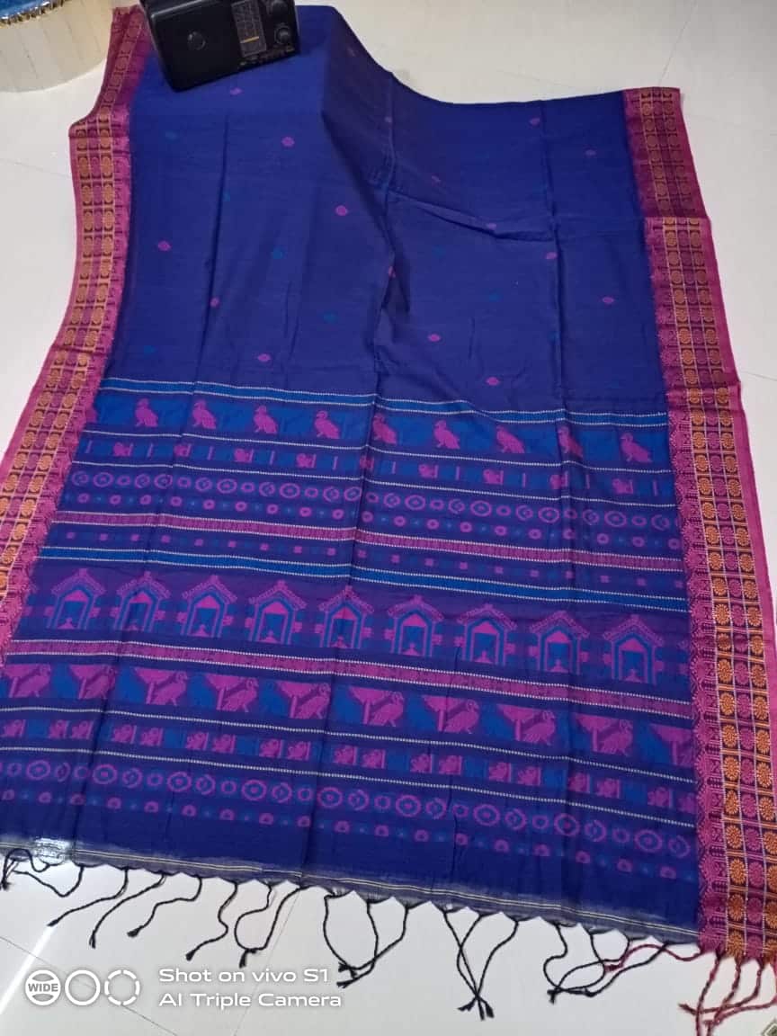 Royal Blue Dark Pink Cotton Saree With Artistic Bird Temple Door Weave