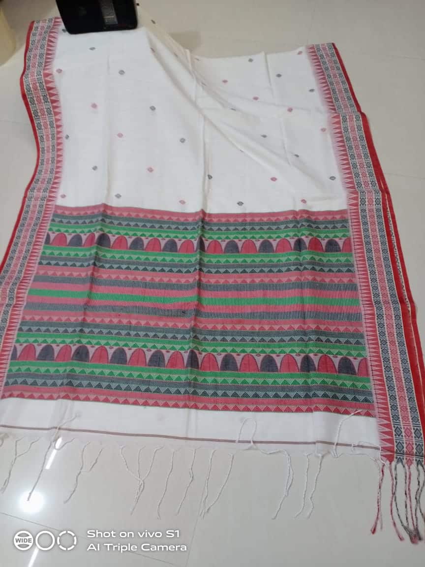 Snowy White Cotton Saree With Green Red Thread Intricate Weave In Pallu