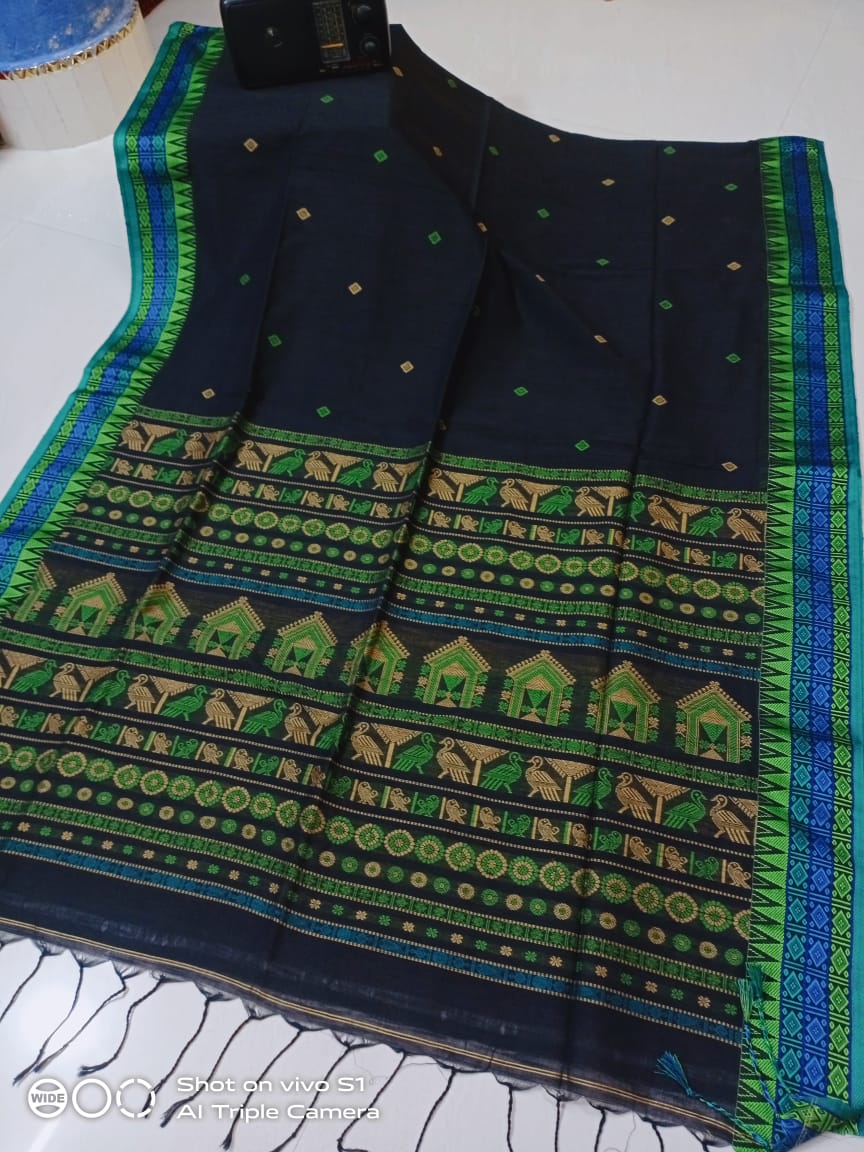 Strikingly Beautiful Black Green Cotton Saree With Artistic Bird Temple Door Weave