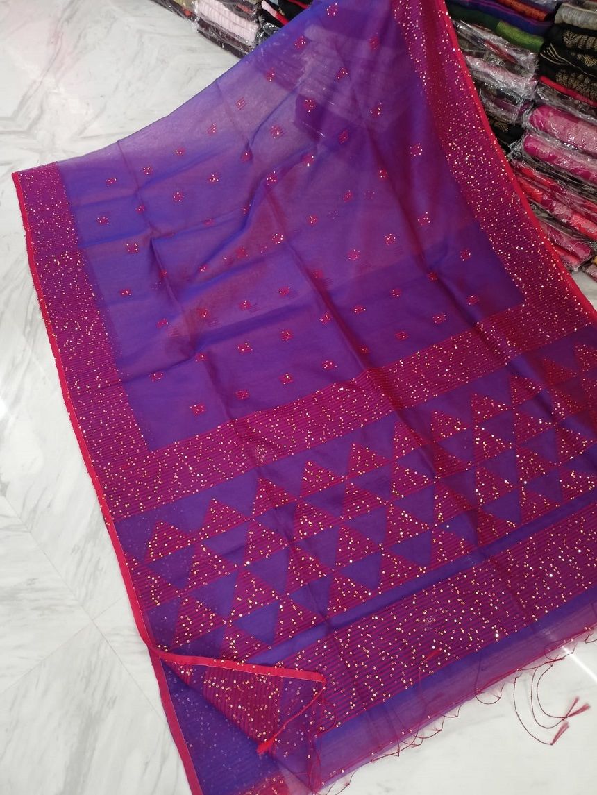 Stunning Purple Pink Temple Pattern Sequins Woven Cotton Silk Party Wear Saree