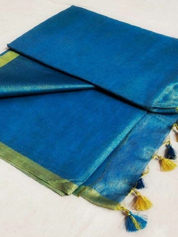 Awesome Blue Golden Tissue Linen Saree With Thin Golden Border