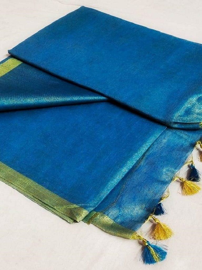 Awesome Blue Golden Tissue Linen Saree With Thin Golden Border14