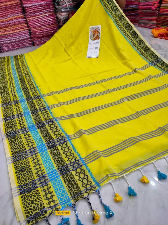 Awesome Yellow Pure Handwoven Bengal Cotton Saree With Beautiful Tassels
