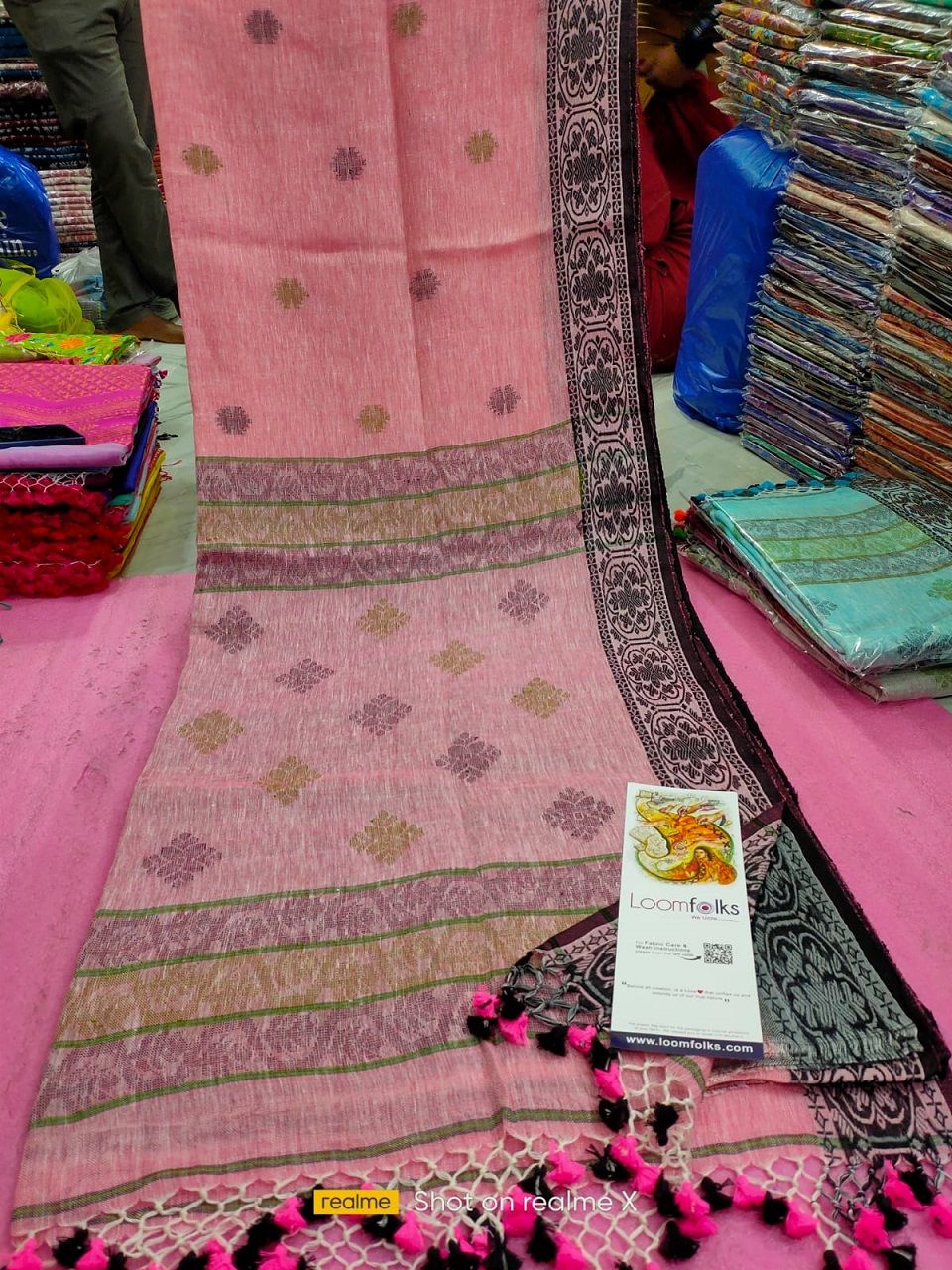 Baby Pink Jacquard Banarsi Weave Handwoven Linen Saree With Tassels