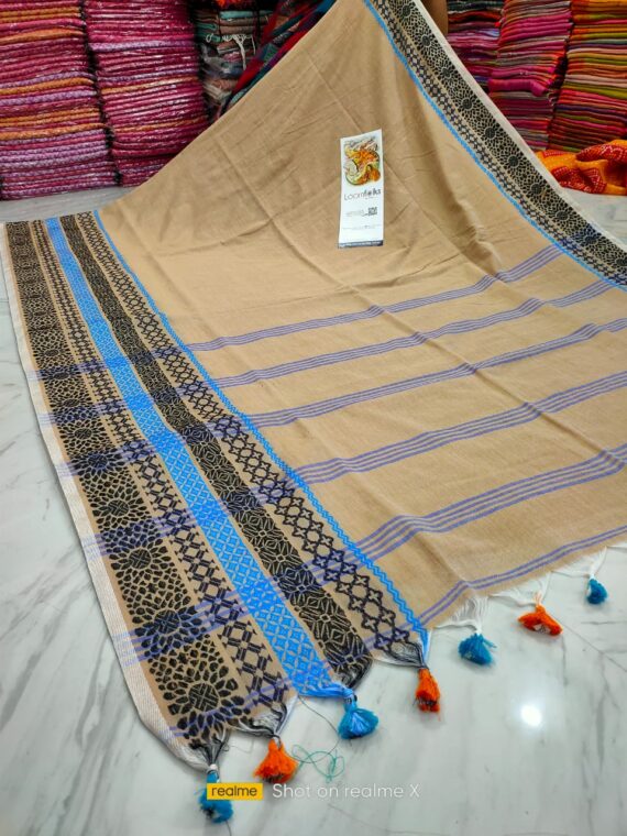 Benevolent Beige Pure Handwoven Bengal Cotton Saree With Beautiful Tassels