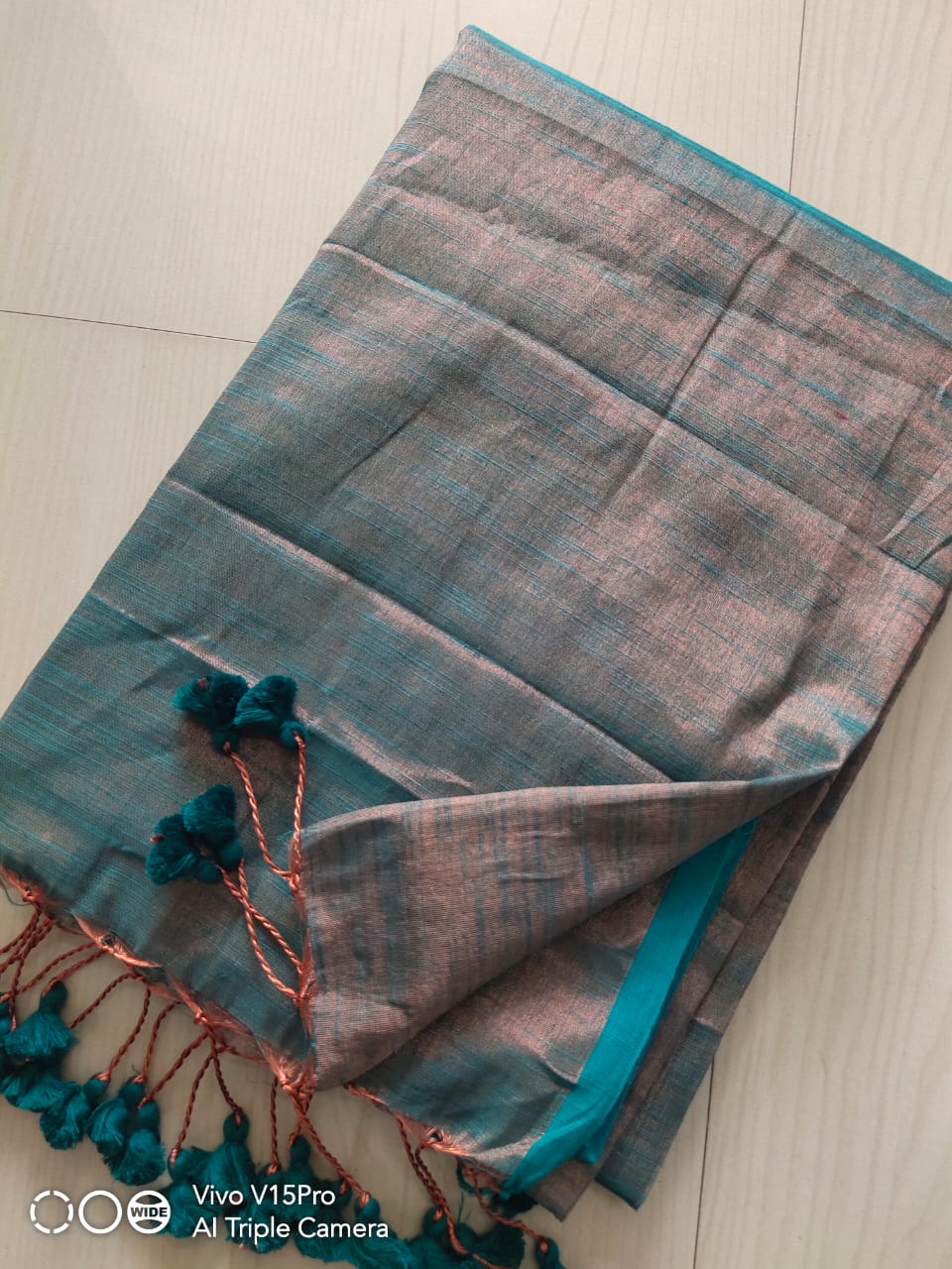 Blue Copper Plain Cotton Silk Saree With Thin Border