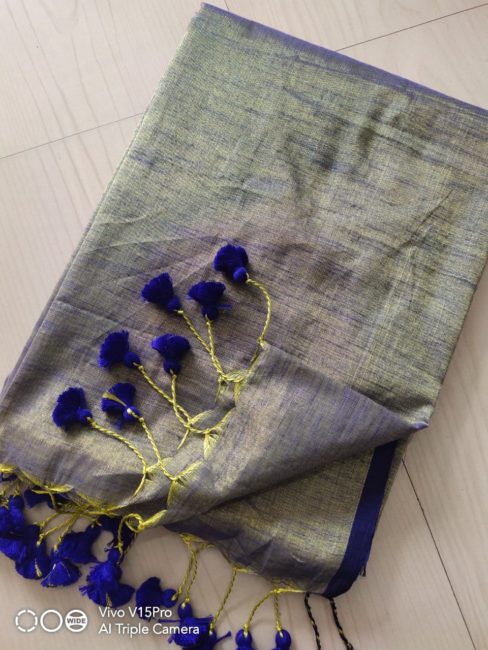 Blue Silver Plain Cotton Silk Saree With Thin Border