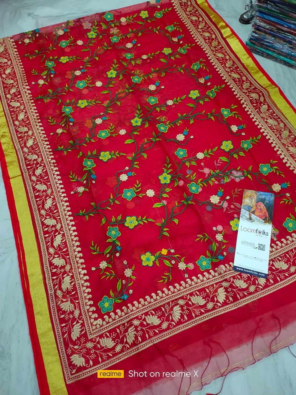 Brilliant Red Resham Muslin Pure Silk Saree With Blouse Embroidery