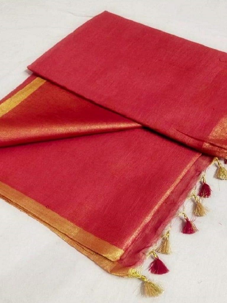 Classic Pink Golden Tissue Linen Saree With Thin Golden Border14